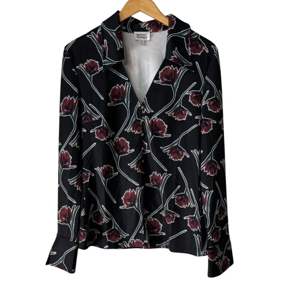 Unique Vintage Scattered Stem Floral Blouse Black Red Poppy Button Up M K1665KT2